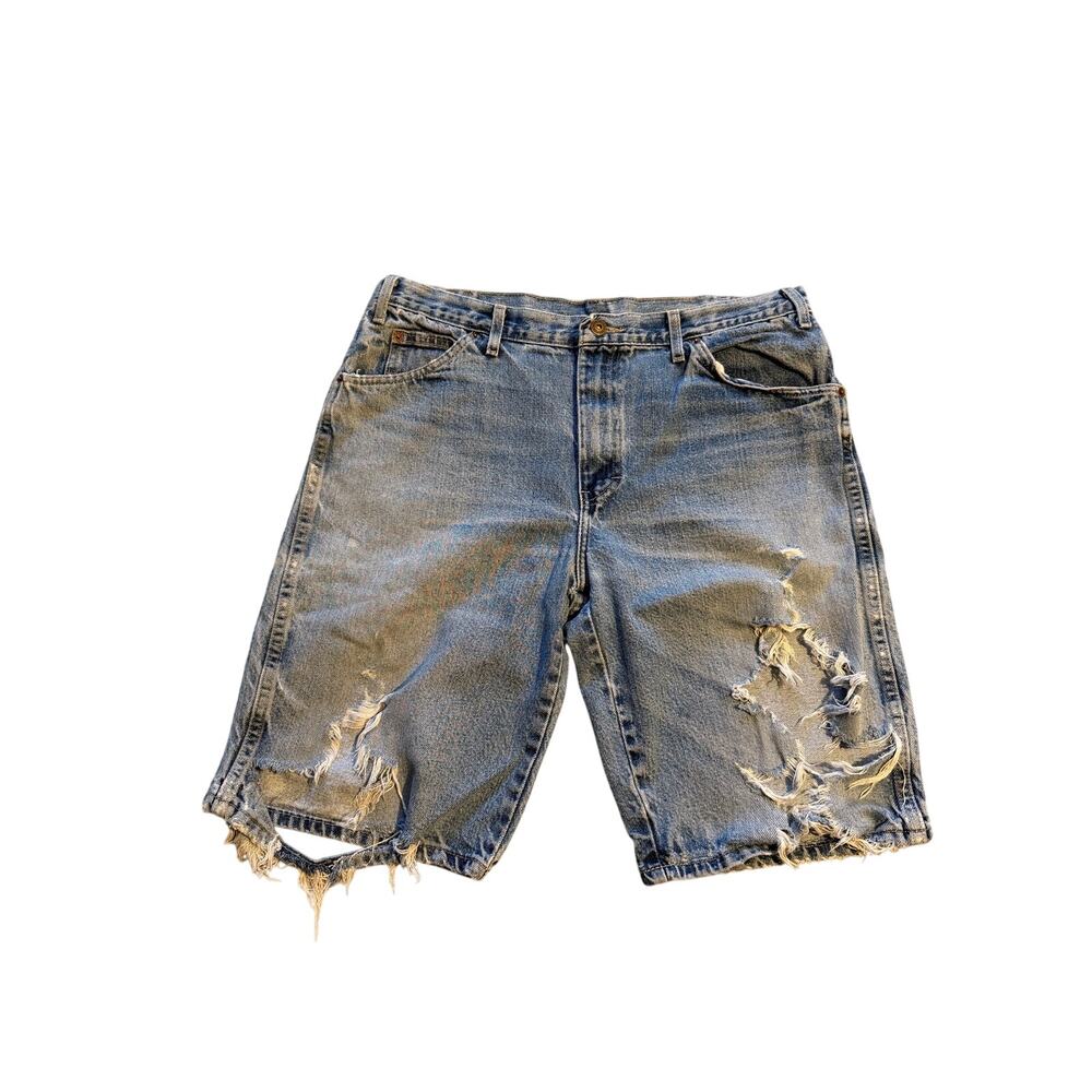 Distressed Vintage Dickies Thrashed Raw-Hem Denim Carpenter Jorts size 34